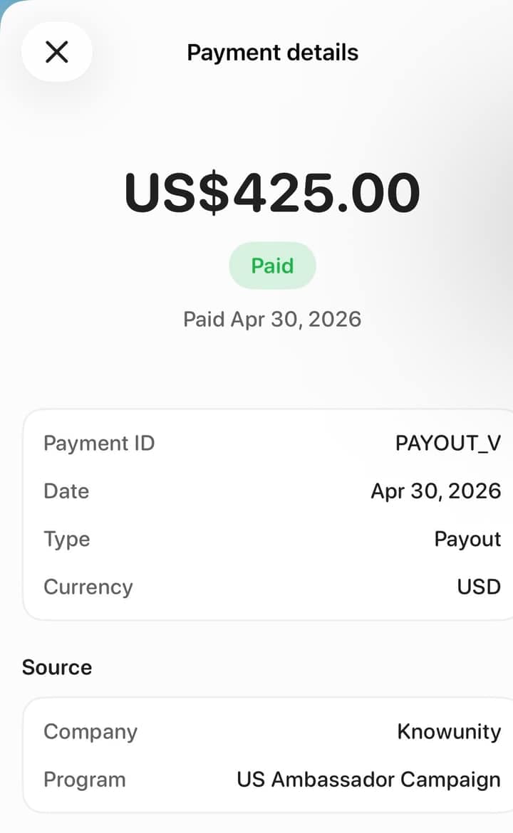 A $425 payout marked paid, from Knowunity's US ambassador campaign.